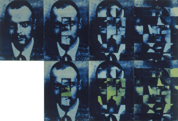 Bruno Di Bello, Ritratto di Paul Klee, 1968, tela fotografica, viraggio blu, 280 x 200 cm.  Courtesy Fondazione Marconi e Archivio Bruno Di Bello Milano.